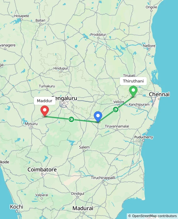 Route map showing distance and travel time from Thiruthani, India to Maddur, India