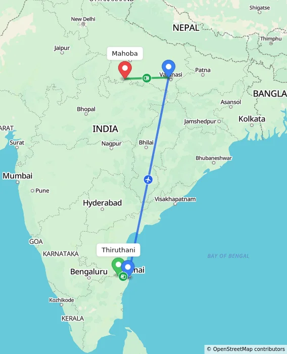 Route map showing distance and travel time from Thiruthani, India to Mahoba, India