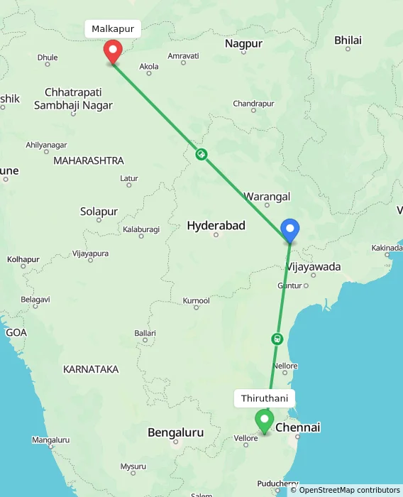 Route map showing distance and travel time from Thiruthani, India to Malkapur, India