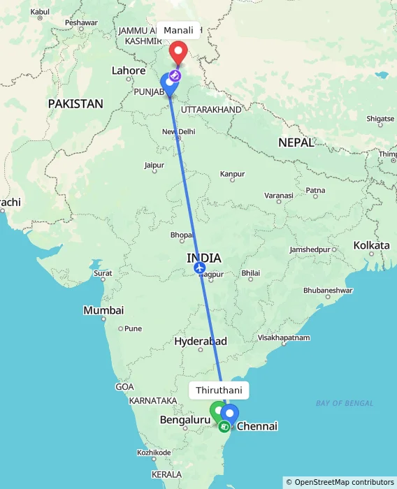 Route map showing distance and travel time from Thiruthani, India to Manali, India
