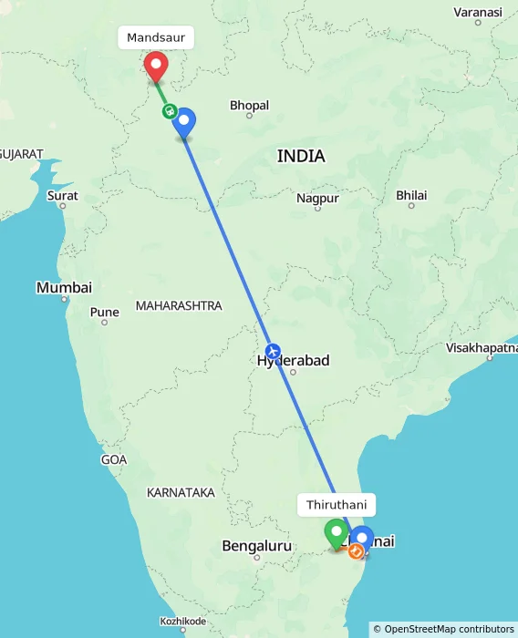 Route map showing distance and travel time from Thiruthani, India to Mandsaur, India
