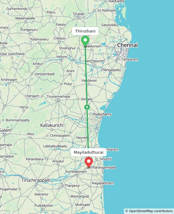 Route map showing distance and travel time from Thiruthani, India to Mayiladuthurai, India