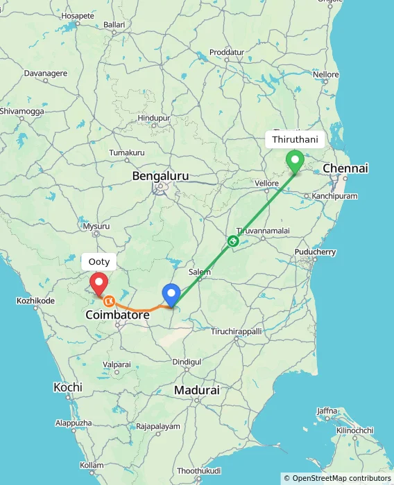Route map showing distance and travel time from Thiruthani, India to Ooty, India