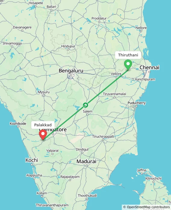 Route map showing distance and travel time from Thiruthani, India to Palakkad, India