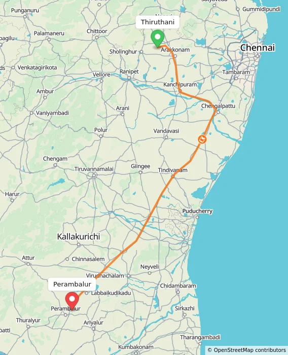 Route map showing distance and travel time from Thiruthani, India to Perambalur, India