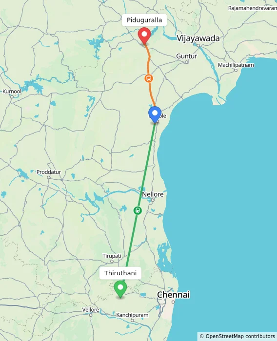 Route map showing distance and travel time from Thiruthani, India to Piduguralla, India