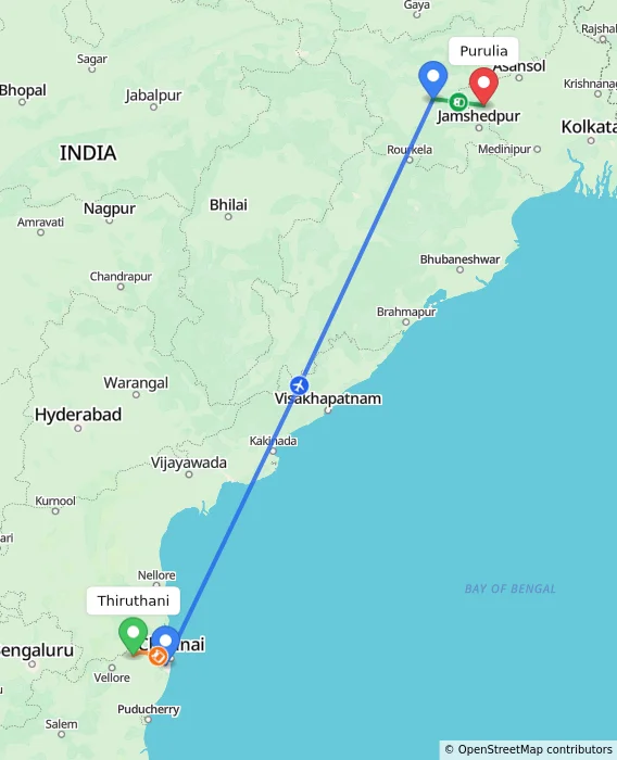 Route map showing distance and travel time from Thiruthani, India to Purulia, India