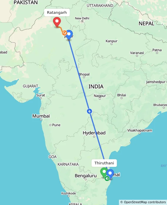 Route map showing distance and travel time from Thiruthani, India to Ratangarh, India