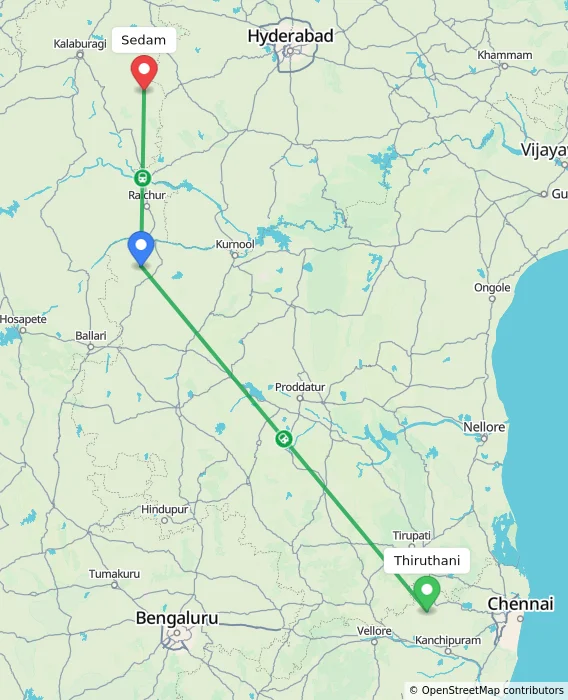 Route map showing distance and travel time from Thiruthani, India to Sedam, India