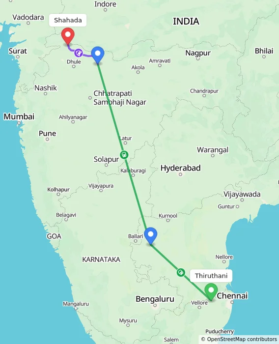 Route map showing distance and travel time from Thiruthani, India to Shahada, India