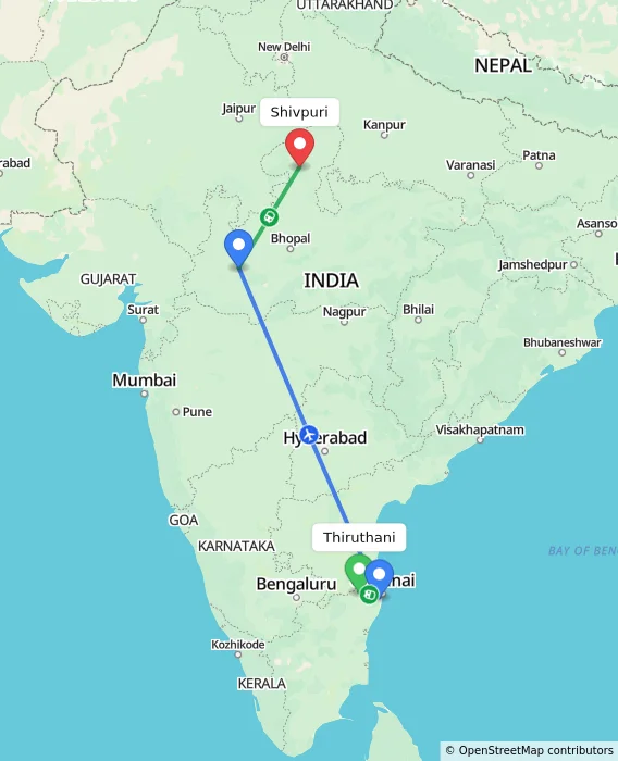 Route map showing distance and travel time from Thiruthani, India to Shivpuri, India