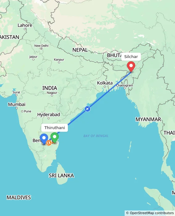 Route map showing distance and travel time from Thiruthani, India to Silchar, India