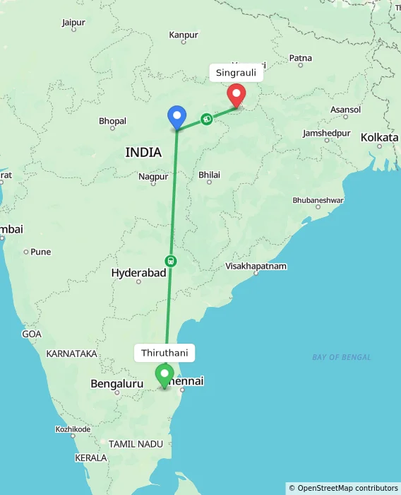 Route map showing distance and travel time from Thiruthani, India to Singrauli, India