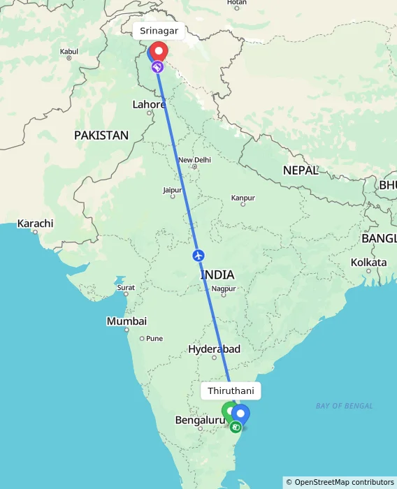 Route map showing distance and travel time from Thiruthani, India to Srinagar, India
