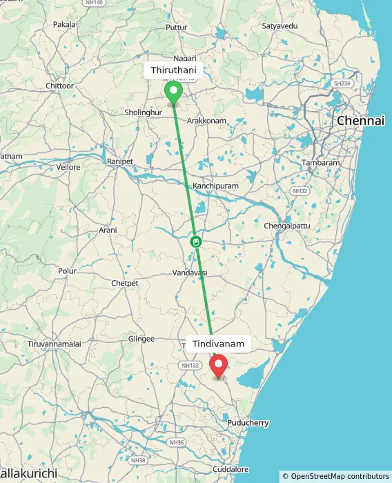 Route map showing distance and travel time from Thiruthani, India to Tindivanam, India