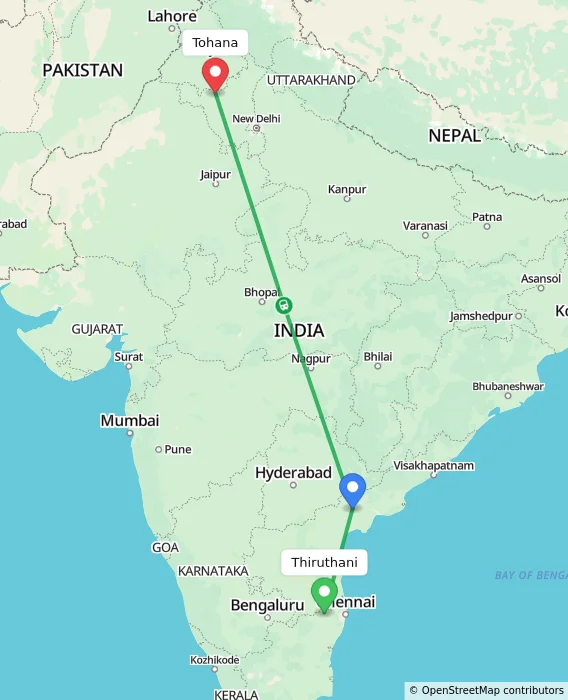 Route map showing distance and travel time from Thiruthani, India to Tohana, India