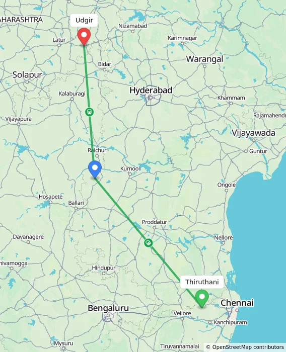 Route map showing distance and travel time from Thiruthani, India to Udgir, India