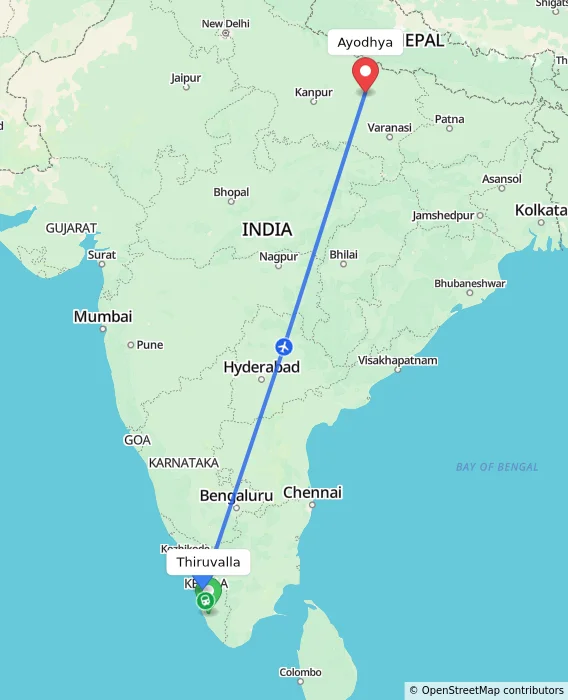 Route map showing distance and travel time from Thiruvalla, India to Ayodhya, India