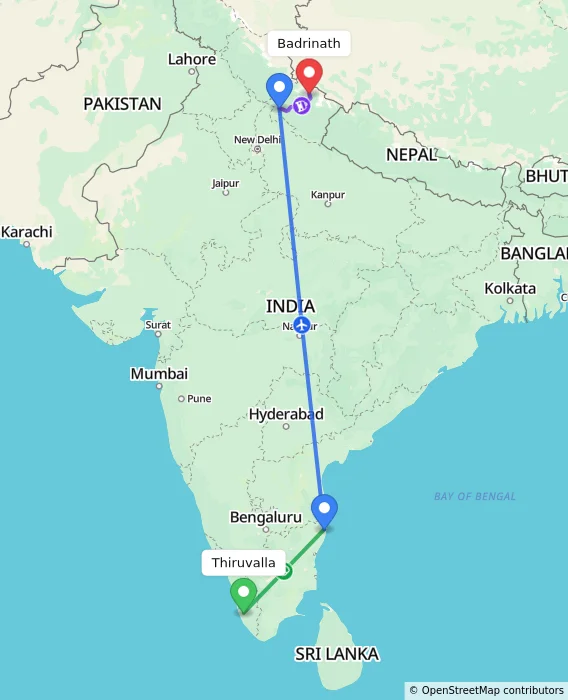Route map showing distance and travel time from Thiruvalla, India to Badrinath, India