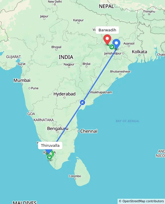 Route map showing distance and travel time from Thiruvalla, India to Barwadih, India