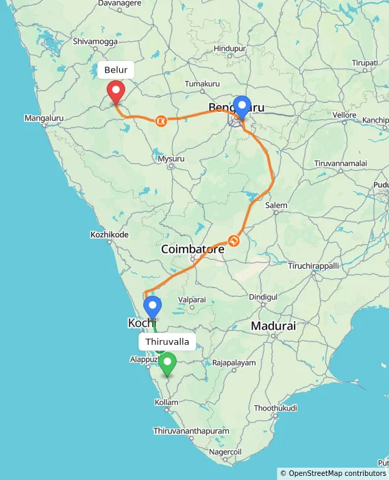 Route map showing distance and travel time from Thiruvalla, India to Belur, India