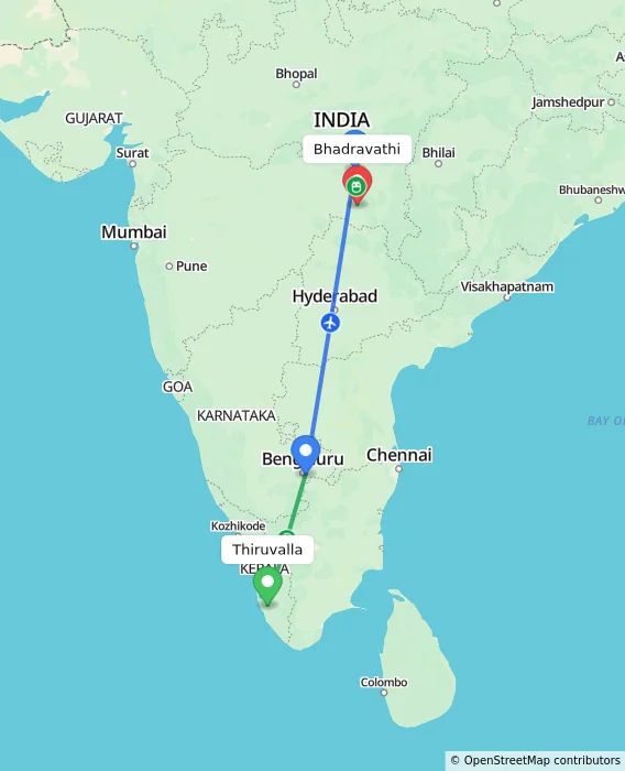Route map showing distance and travel time from Thiruvalla, India to Bhadravathi, India