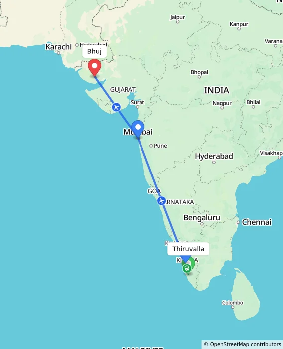 Route map showing distance and travel time from Thiruvalla, India to Bhuj, India