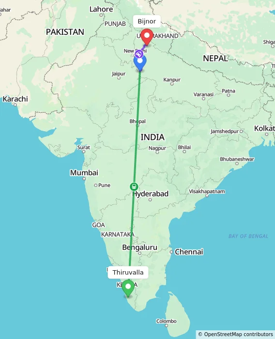Route map showing distance and travel time from Thiruvalla, India to Bijnor, India