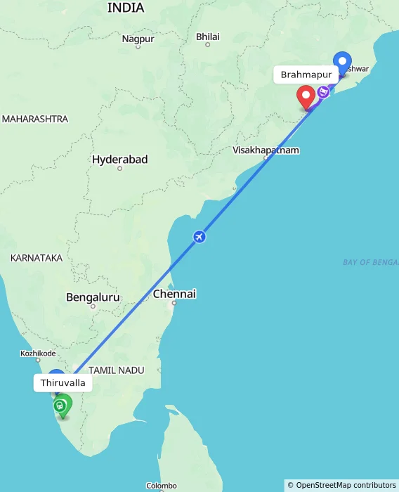 Route map showing distance and travel time from Thiruvalla, India to Brahmapur, India
