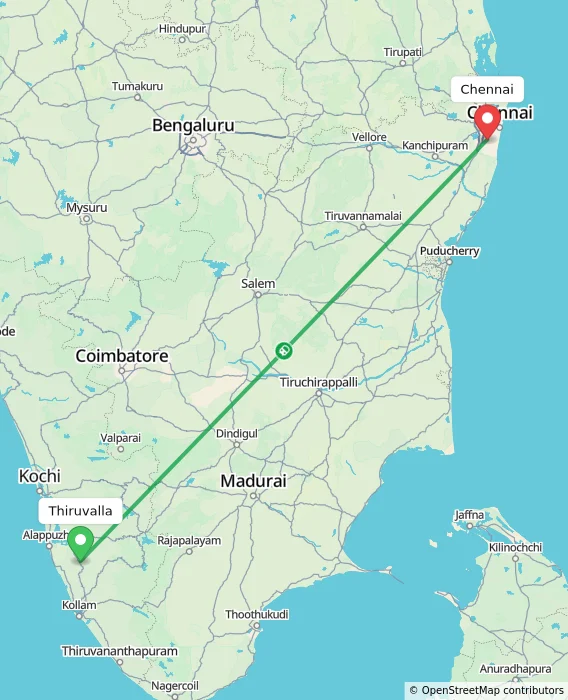 Route map showing distance and travel time from Thiruvalla, India to Chennai, India