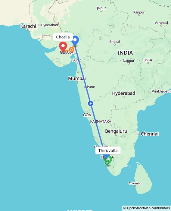 Route map showing distance and travel time from Thiruvalla, India to Chotila, India