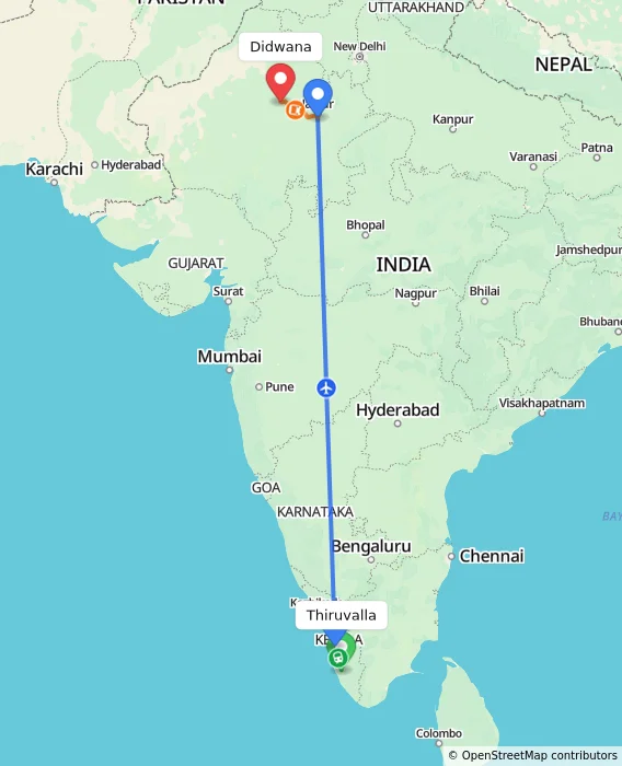 Route map showing distance and travel time from Thiruvalla, India to Didwana, India