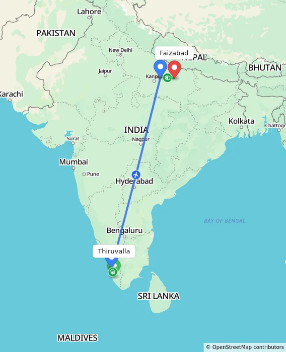 Route map showing distance and travel time from Thiruvalla, India to Faizabad, India