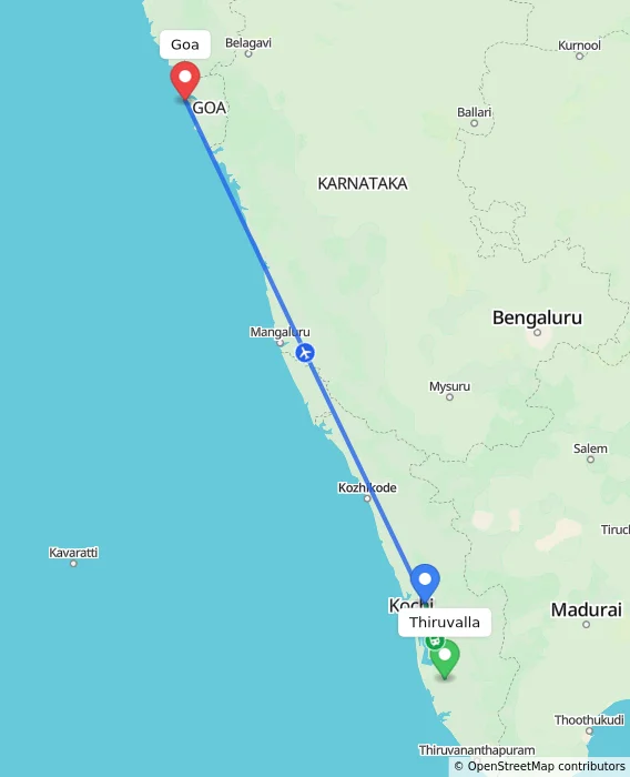 Route map showing distance and travel time from Thiruvalla, India to Goa, India