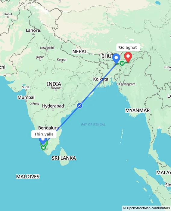 Route map showing distance and travel time from Thiruvalla, India to Golaghat, India