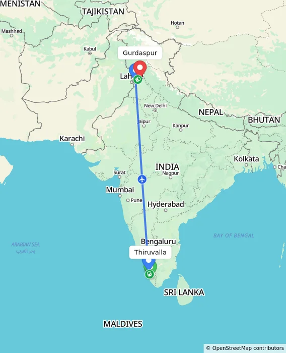 Route map showing distance and travel time from Thiruvalla, India to Gurdaspur, India