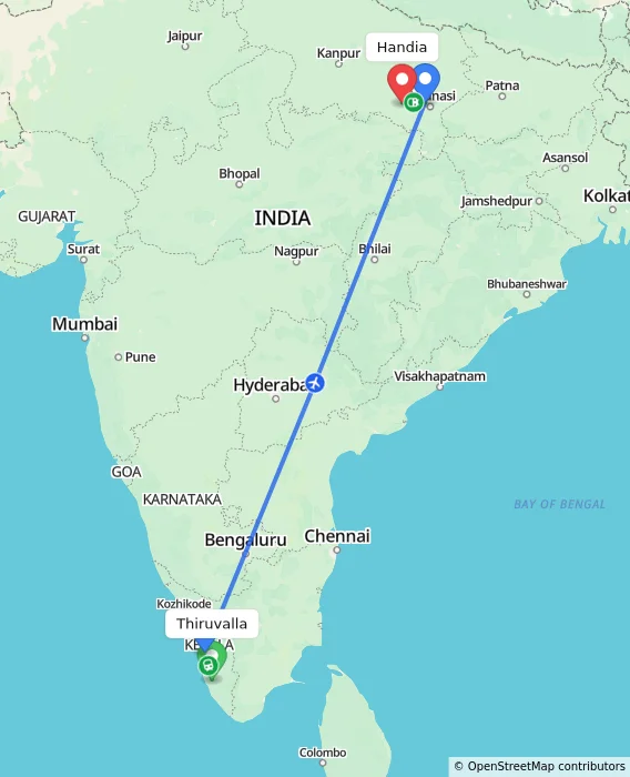 Route map showing distance and travel time from Thiruvalla, India to Handia, India