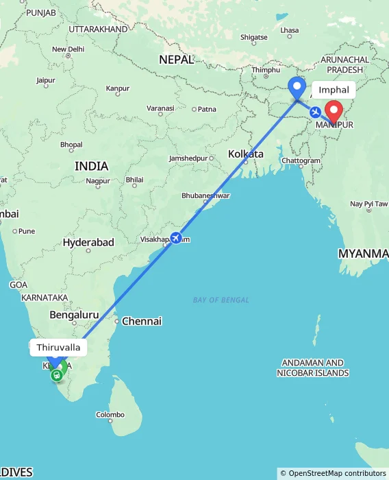 Route map showing distance and travel time from Thiruvalla, India to Imphal, India