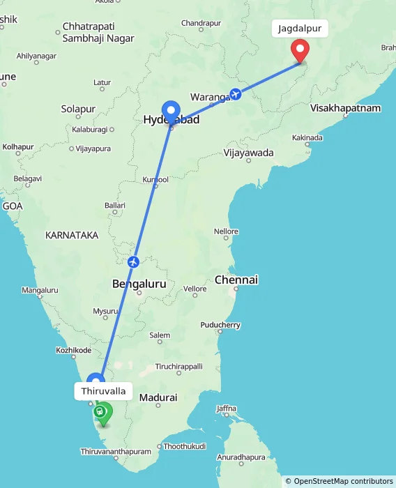 Route map showing distance and travel time from Thiruvalla, India to Jagdalpur, India
