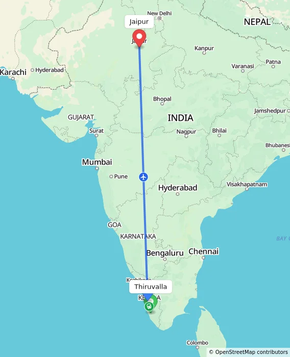 Route map showing distance and travel time from Thiruvalla, India to Jaipur, India