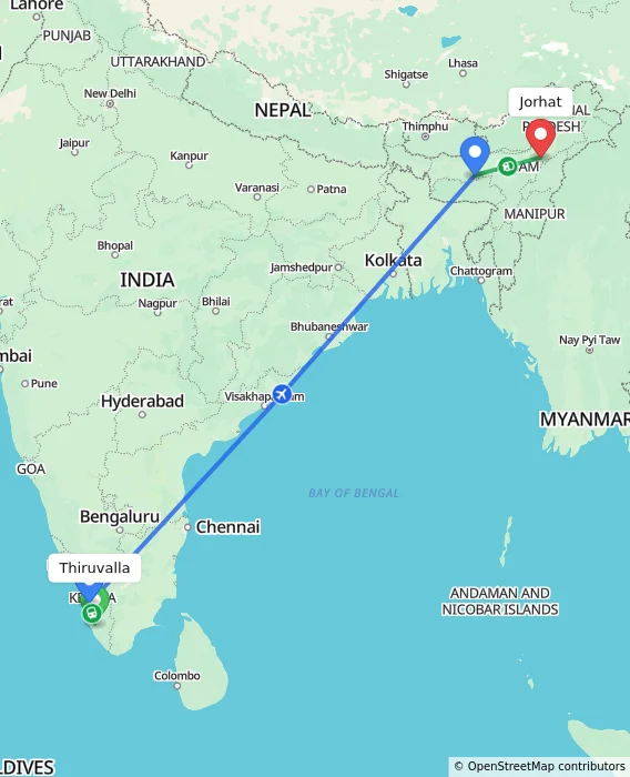 Route map showing distance and travel time from Thiruvalla, India to Jorhat, India