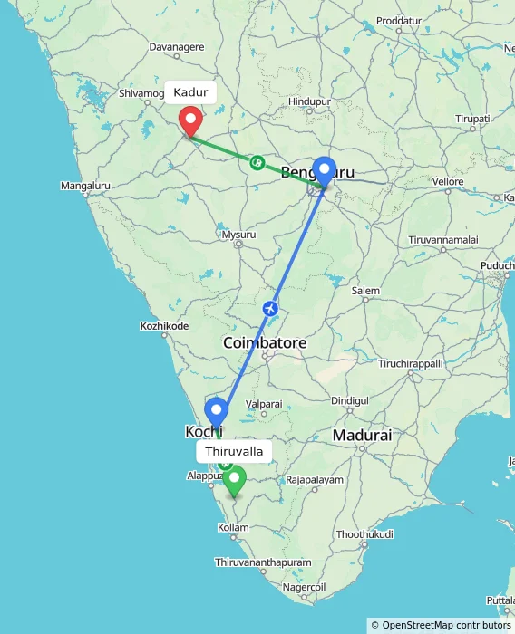 Route map showing distance and travel time from Thiruvalla, India to Kadur, India
