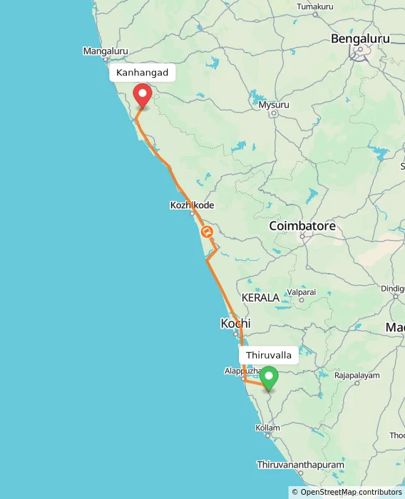 Route map showing distance and travel time from Thiruvalla, India to Kanhangad, India
