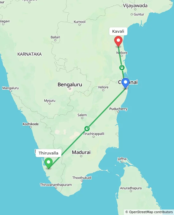 Route map showing distance and travel time from Thiruvalla, India to Kavali, India