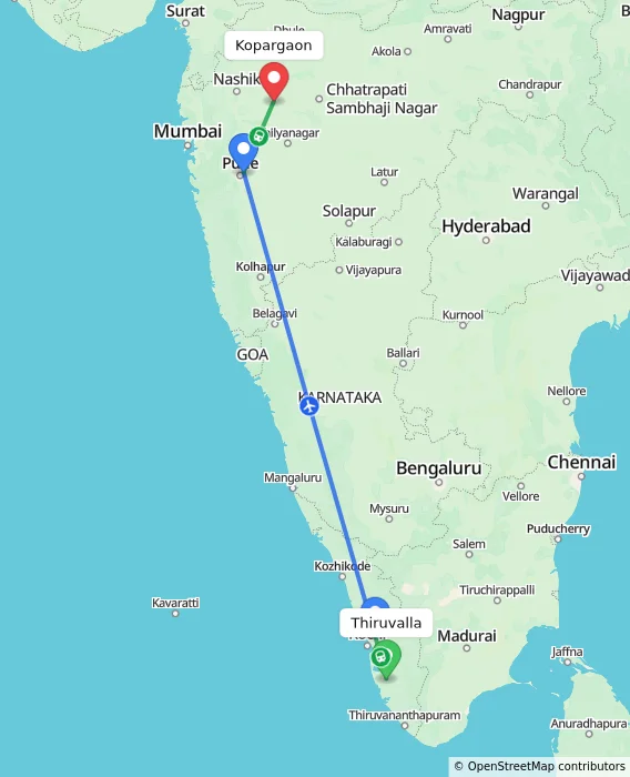 Route map showing distance and travel time from Thiruvalla, India to Kopargaon, India
