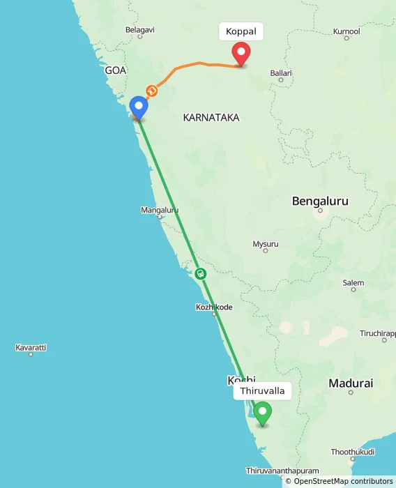 Route map showing distance and travel time from Thiruvalla, India to Koppal, India