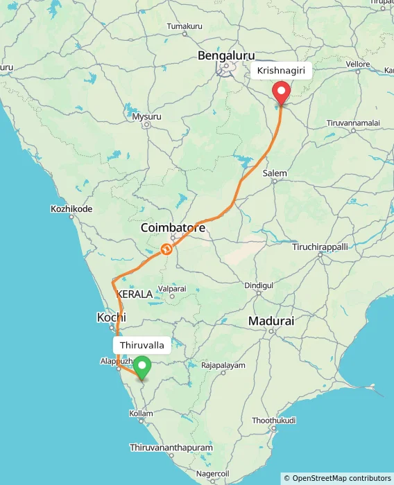 Route map showing distance and travel time from Thiruvalla, India to Krishnagiri, India