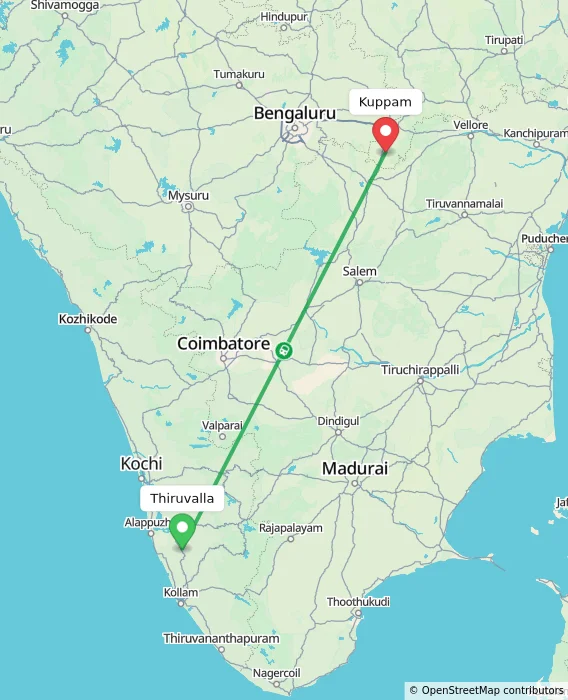 Route map showing distance and travel time from Thiruvalla, India to Kuppam, India