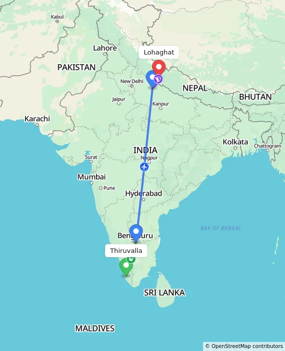 Route map showing distance and travel time from Thiruvalla, India to Lohaghat, India