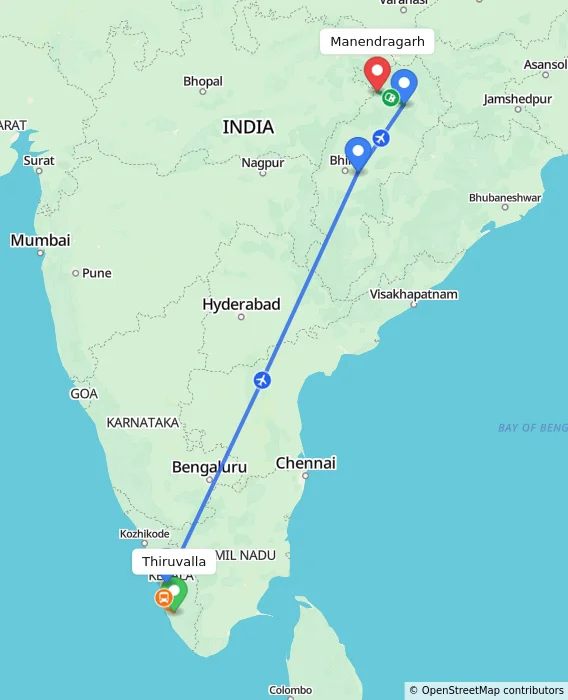Route map showing distance and travel time from Thiruvalla, India to Manendragarh, India